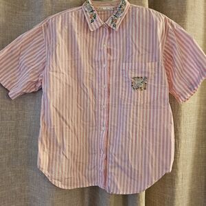 Vintage Cotton Express Pink & White Stiped Blouse M/L